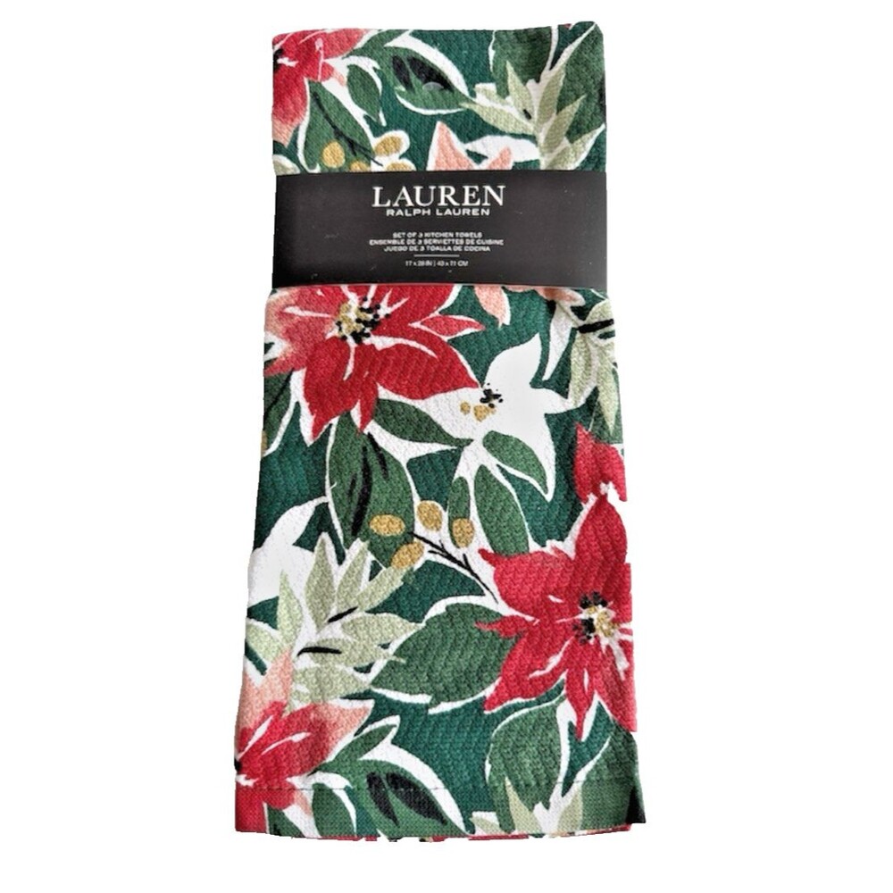 Ralph Lauren Christmas Kitchen Dish Towels Poinsettia Red 100% Cotton Set of 3